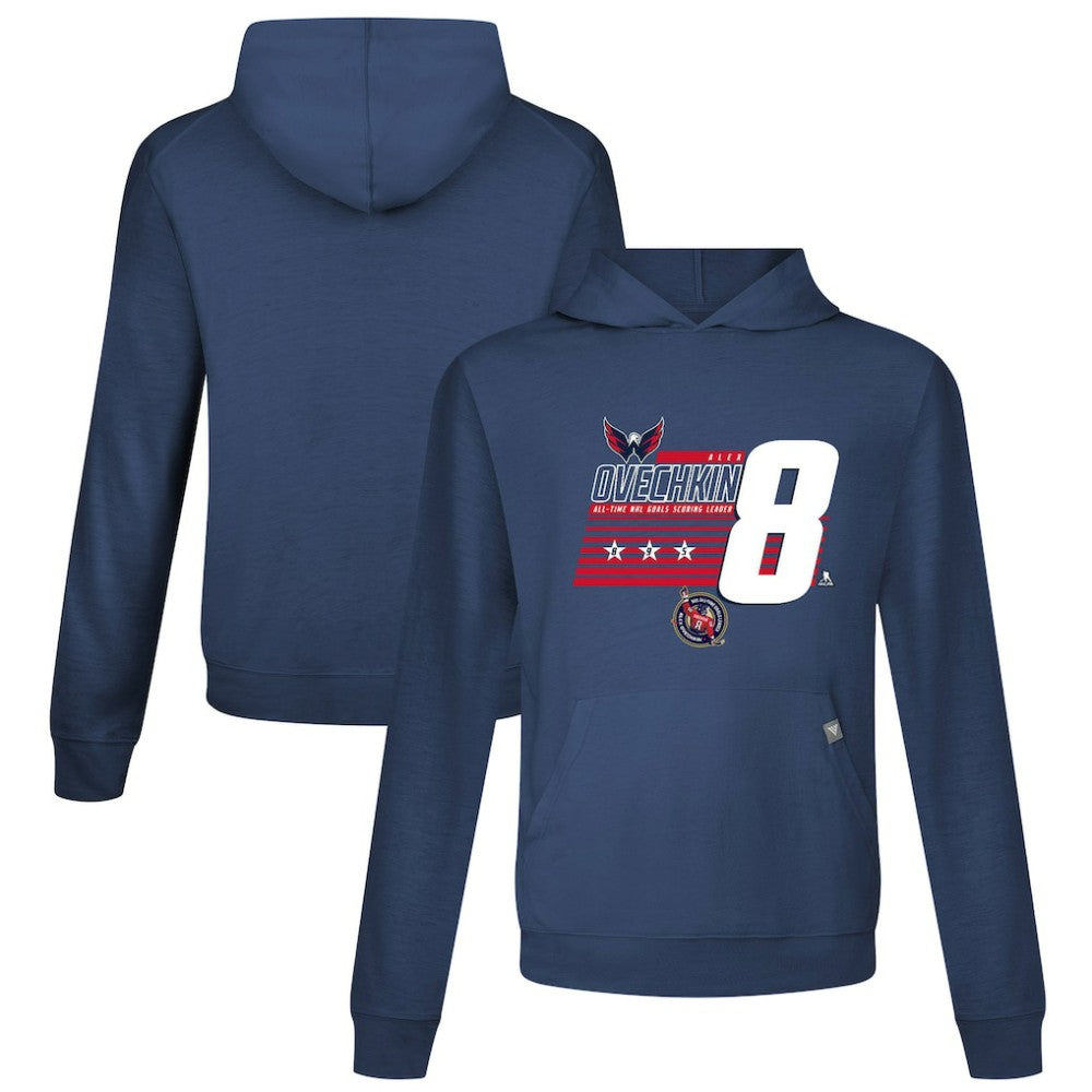NHL Alexander Ovechkin Washington Capitals Levelwear NHL All-Time Leading Goal Scorer Milestone Stripes Name & Number Relay Pullover Hoodie