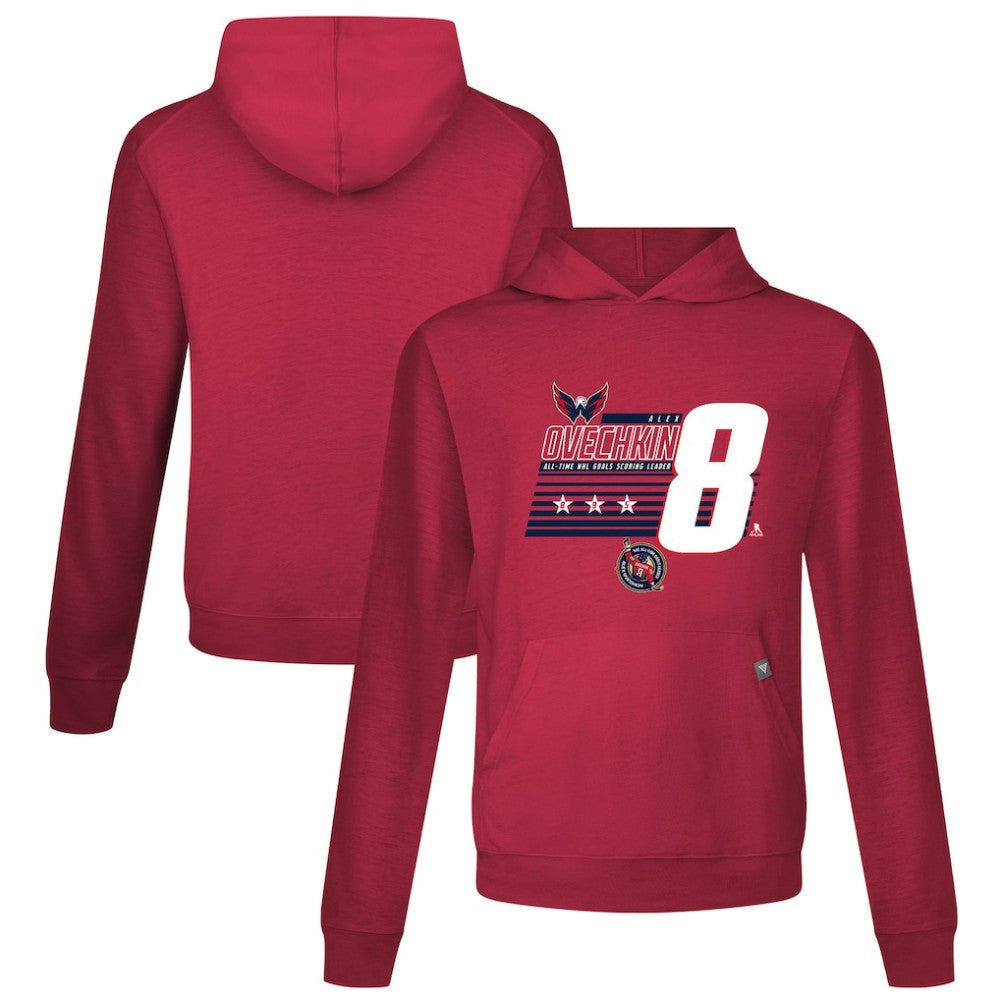 NHL Alexander Ovechkin Washington Capitals Levelwear NHL All-Time Leading Goal Scorer Milestone Stripes Name & Number Relay Pullover Hoodie