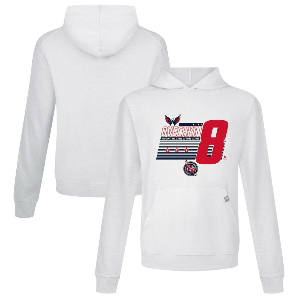 NHL Alexander Ovechkin Washington Capitals Levelwear NHL All-Time Leading Goal Scorer Milestone Stripes Name & Number Relay Pullover Hoodie
