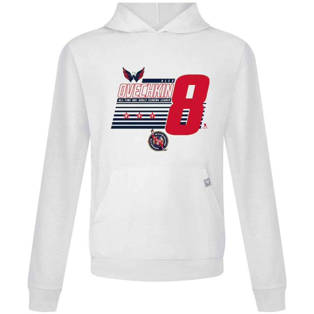NHL Alexander Ovechkin Washington Capitals Levelwear NHL All-Time Leading Goal Scorer Milestone Stripes Name & Number Relay Pullover Hoodie