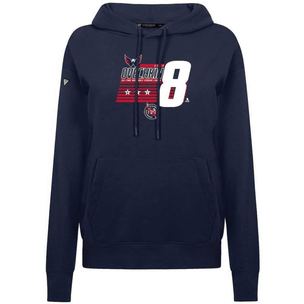 NHL Alexander Ovechkin Washington Capitals Levelwear Women's NHL All-Time Leading Goal Scorer Milestone Stripes Name & Number Adorn Pullover Hoodie