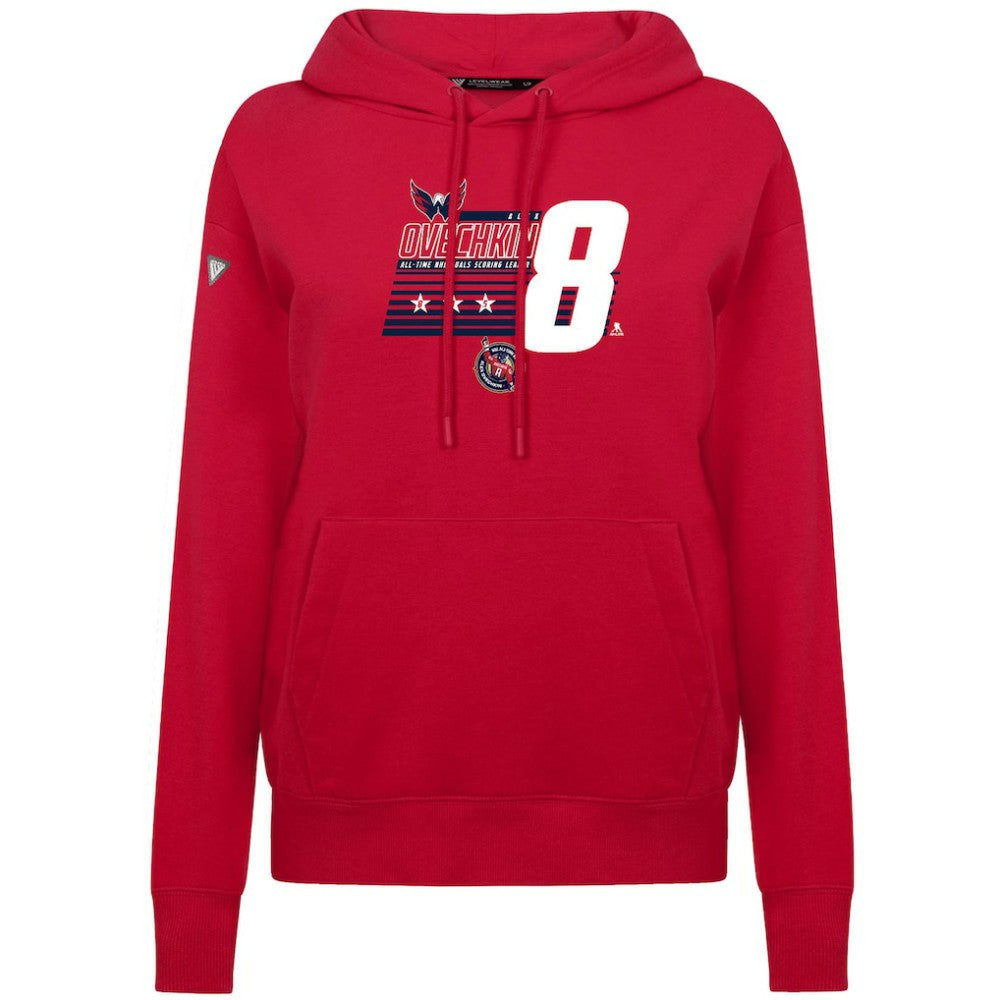 NHL Alexander Ovechkin Washington Capitals Levelwear Women's NHL All-Time Leading Goal Scorer Milestone Stripes Name & Number Adorn Pullover Hoodie