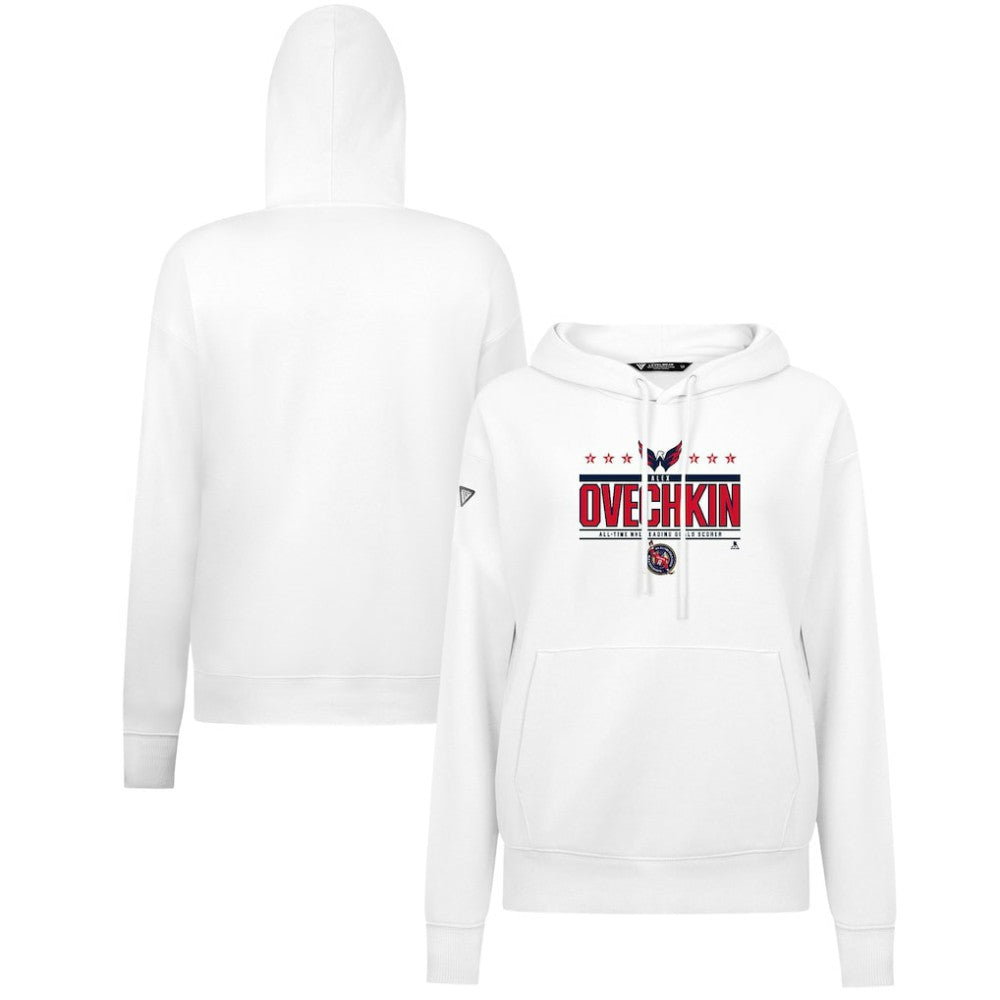 NHL Alexander Ovechkin Washington Capitals Levelwear Women's NHL All-Time Leading Goal Scorer Milestone Stripes Name & Number Adorn Pullover Hoodie