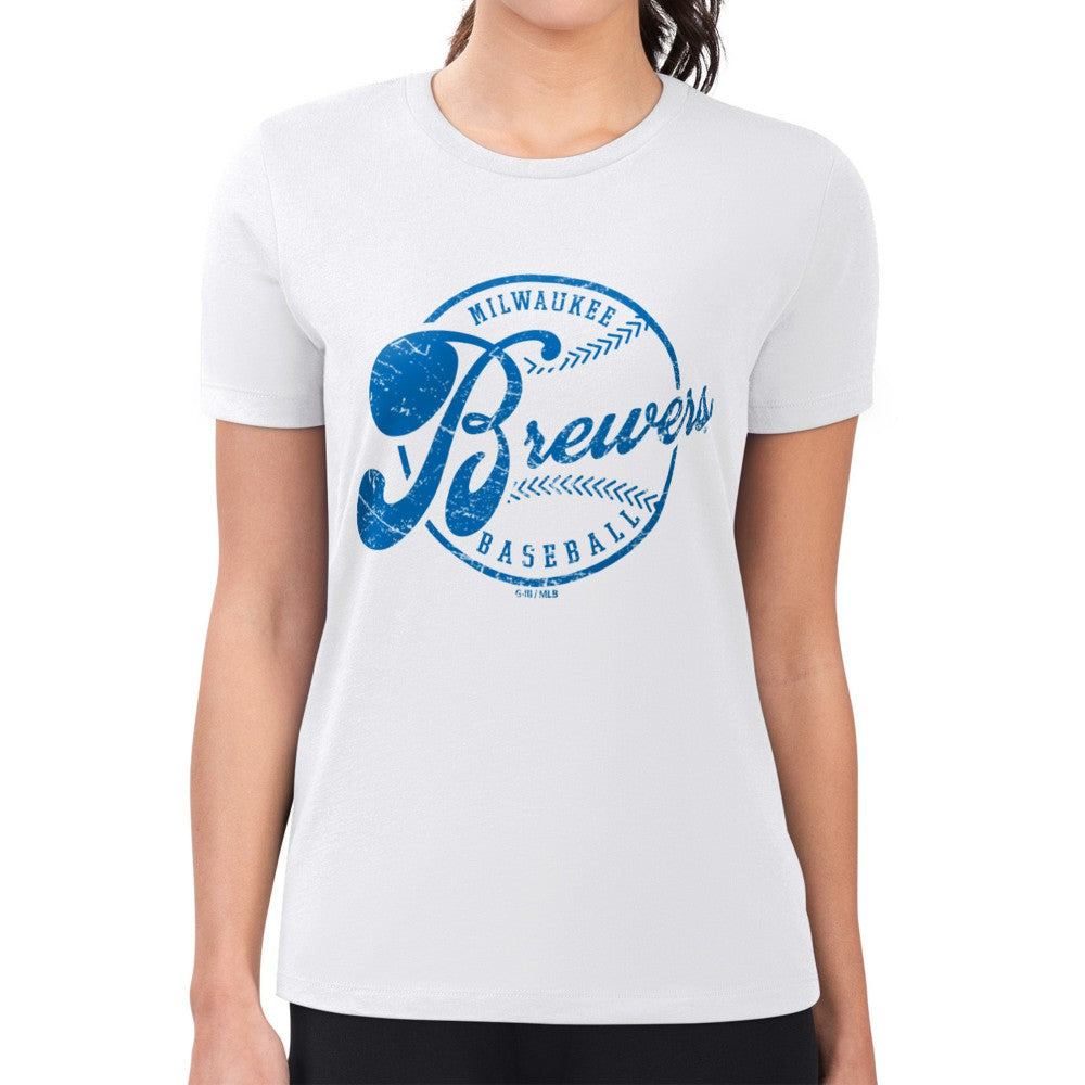 White Milwaukee Brewers G-III 4Her by Carl Banks Women's Super-Slim Fit Lightweight Distressed Baseball Team T-Shirt