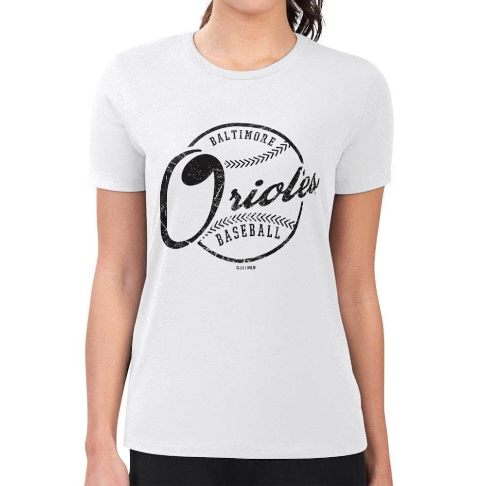 White Baltimore Orioles G-III 4Her by Carl Banks Women's Super-Slim Fit Lightweight Distressed Baseball Team T-Shirt