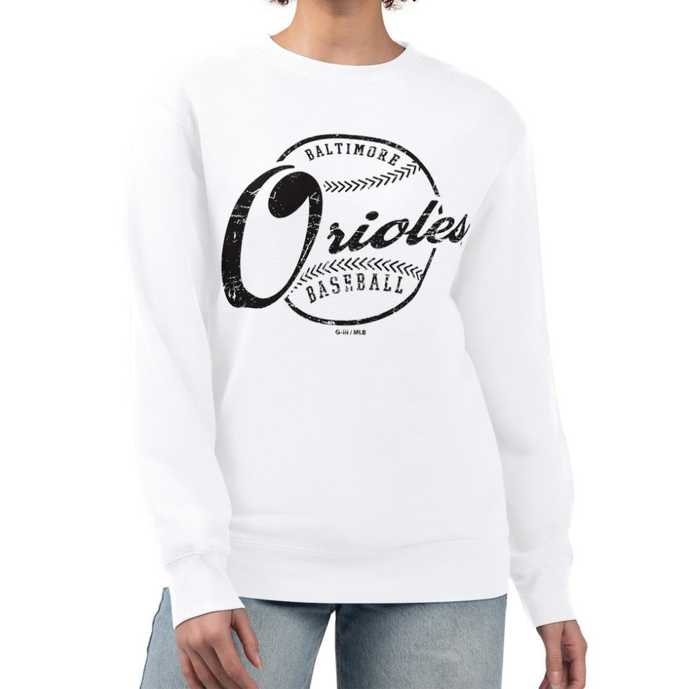 White Baltimore Orioles G-III 4Her by Carl Banks Women's Distressed Baseball Team Fleece Pullover Sweatshirt