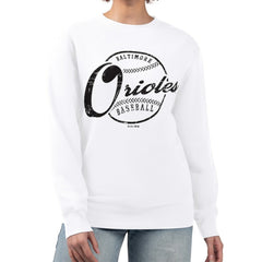 White Baltimore Orioles G-III 4Her by Carl Banks Women's Distressed Baseball Team Fleece Pullover Sweatshirt