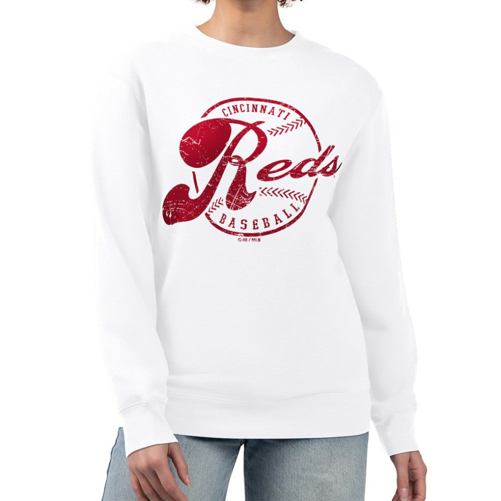 White Cincinnati Reds G-III 4Her by Carl Banks Women's Distressed Baseball Team Fleece Pullover Sweatshirt