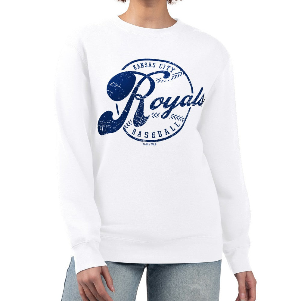 White Kansas City Royals G-III 4Her by Carl Banks Women's Distressed Baseball Team Fleece Pullover Sweatshirt