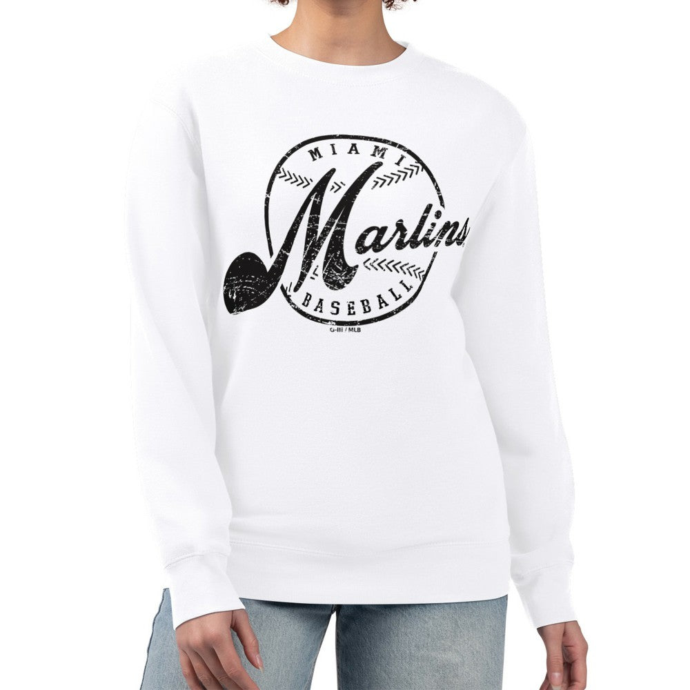 White Miami Marlins G-III 4Her by Carl Banks Women's Distressed Baseball Team Fleece Pullover Sweatshirt
