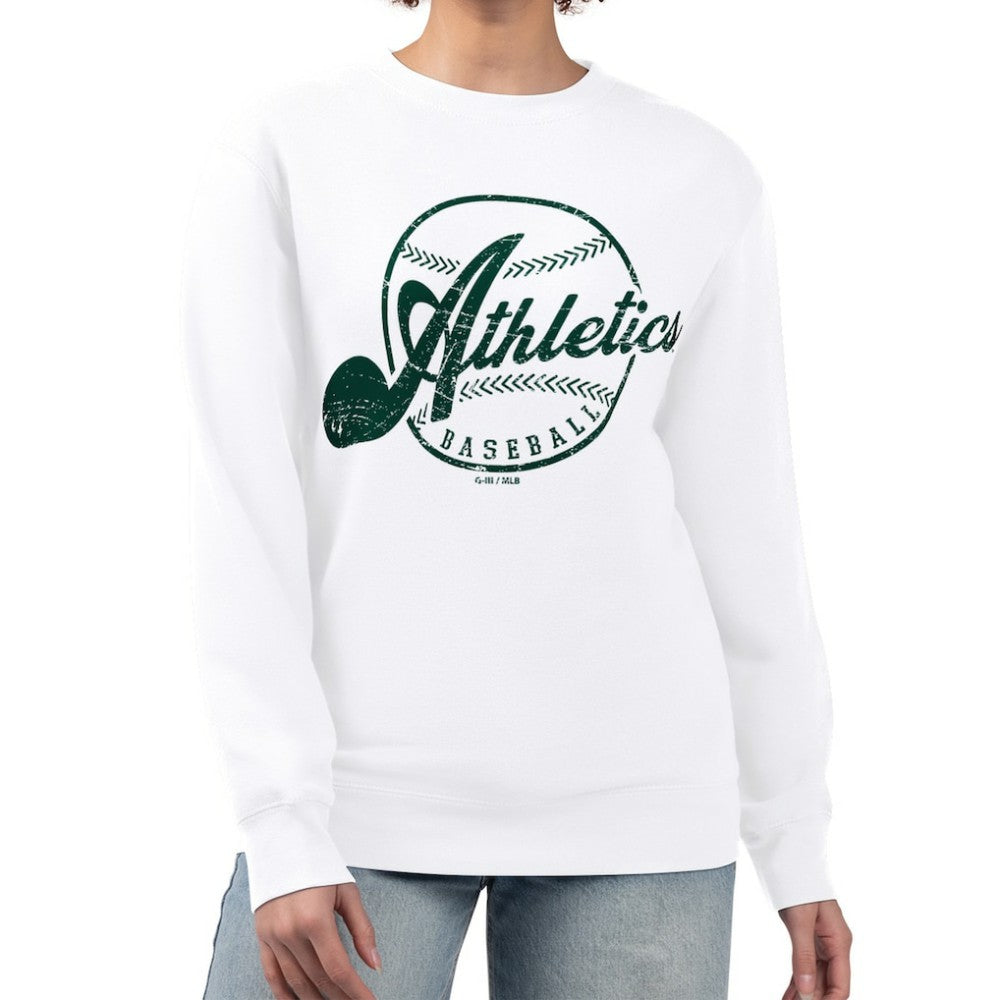 White Athletics G-III 4Her by Carl Banks Women's Distressed Baseball Team Fleece Pullover Sweatshirt