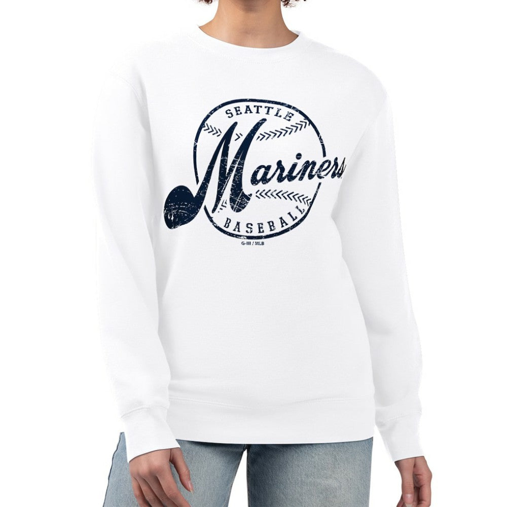 White Seattle Mariners G-III 4Her by Carl Banks Women's Distressed Baseball Team Fleece Pullover Sweatshirt