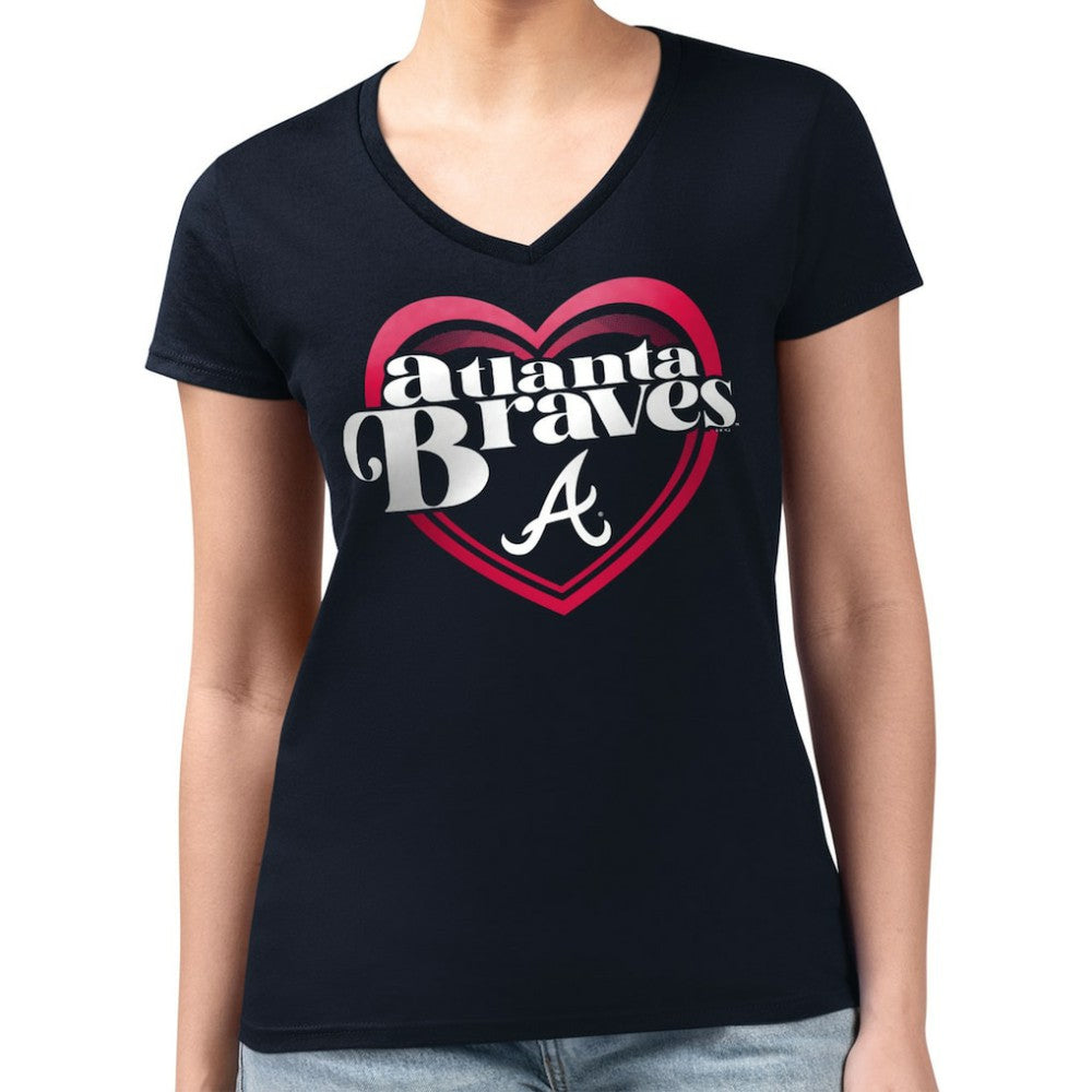 Navy Atlanta Braves G-III 4Her by Carl Banks Women's Super-Slim Fit Lightweight Double Heart V-Neck T-Shirt