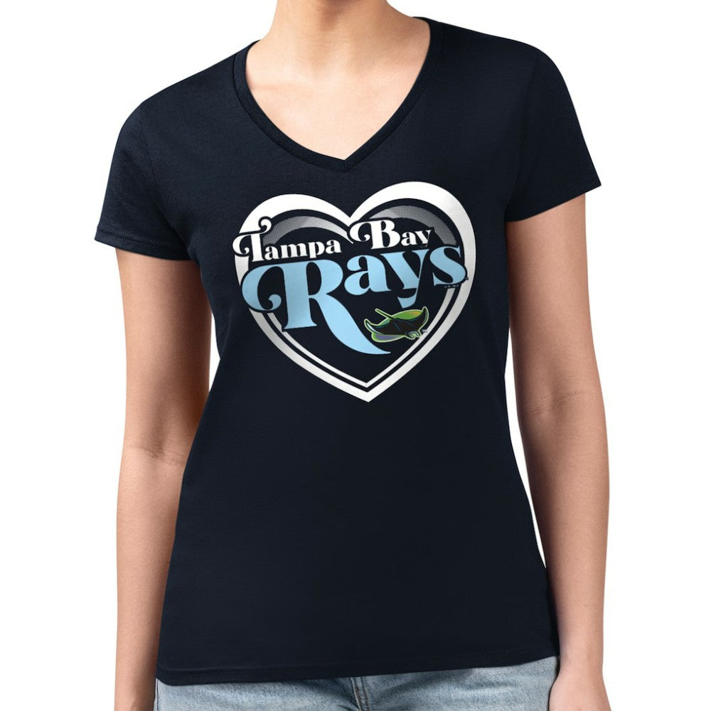 Navy Tampa Bay Rays G-III 4Her by Carl Banks Women's Super-Slim Fit Lightweight Double Heart V-Neck T-Shirt