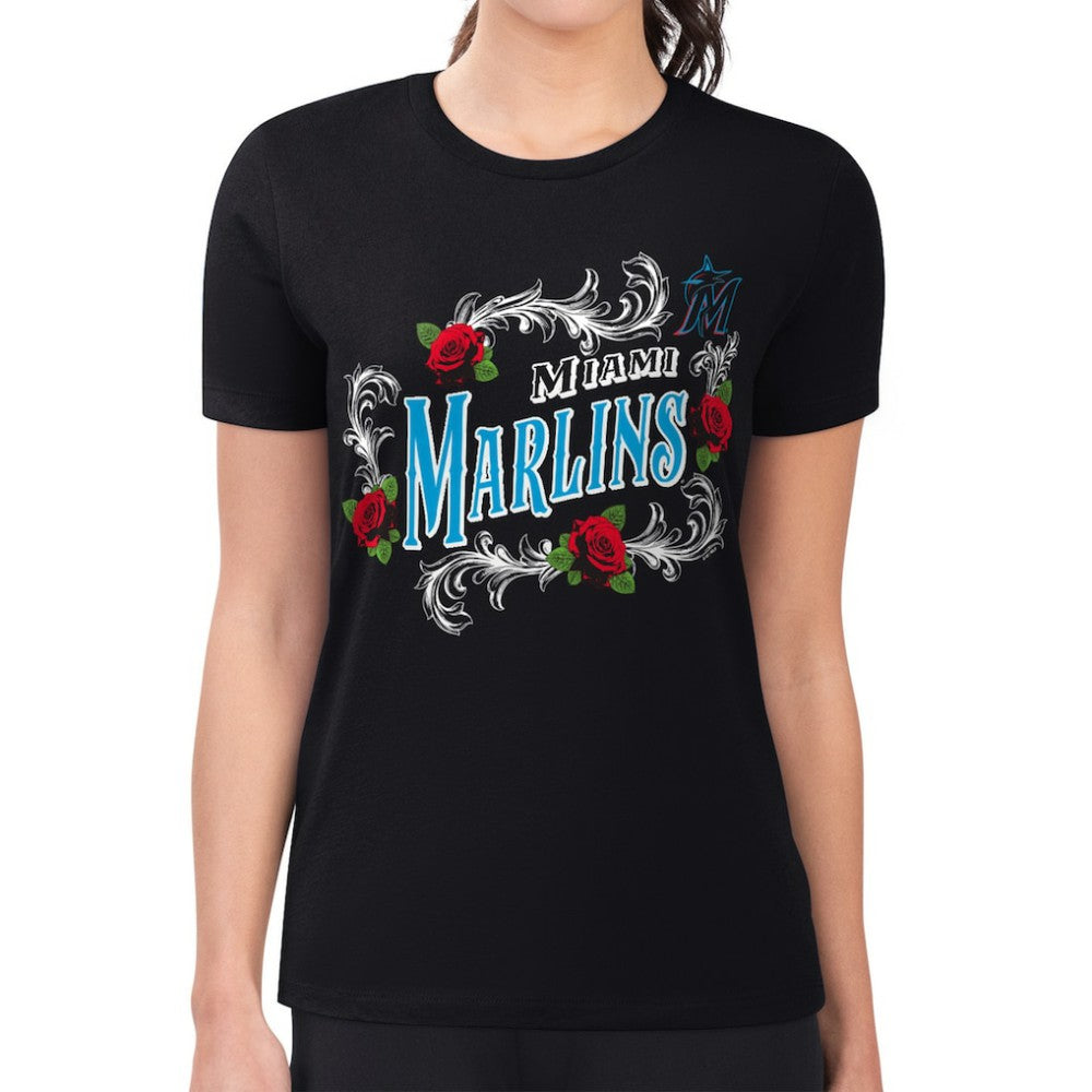 Black Miami Marlins G-III 4Her by Carl Banks Women's Super-Slim Fit Lightweight Retro Roses T-Shirt