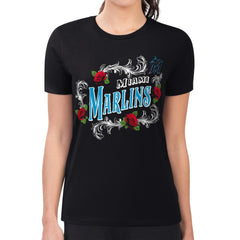 Black Miami Marlins G-III 4Her by Carl Banks Women's Super-Slim Fit Lightweight Retro Roses T-Shirt