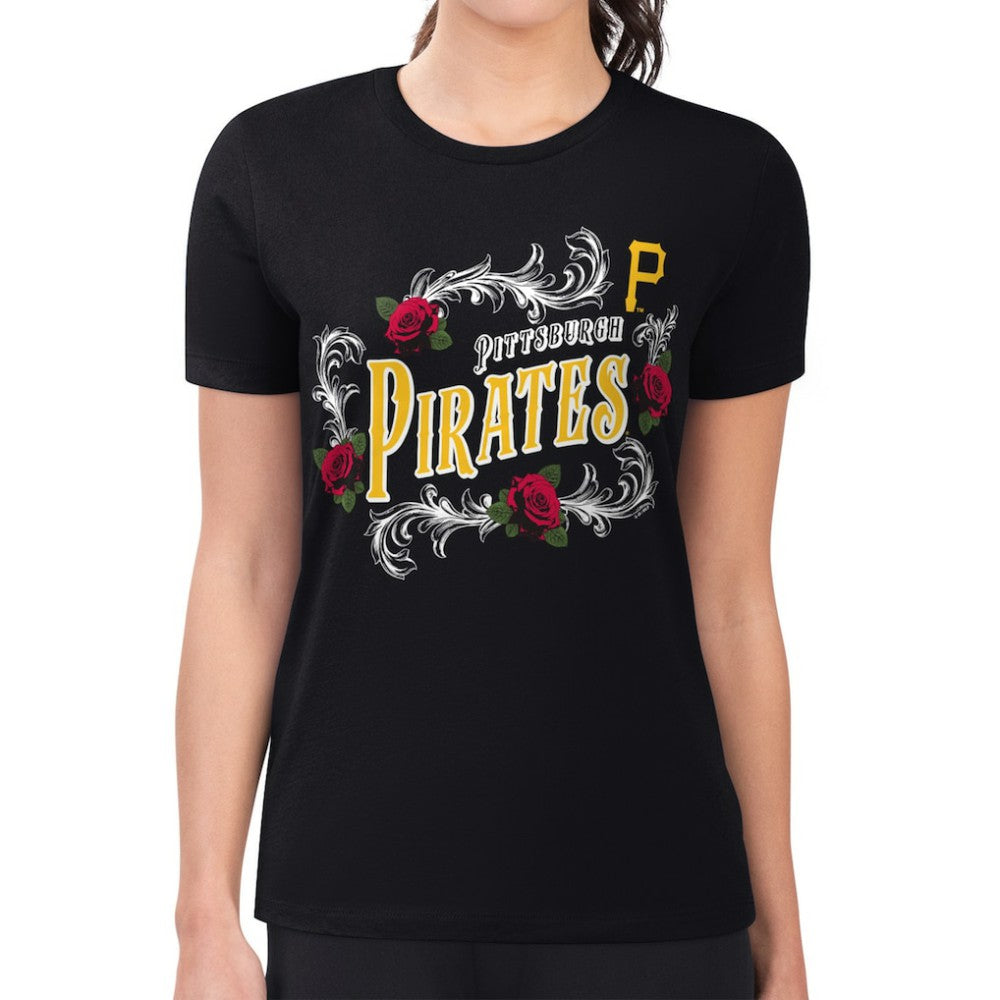 Black Pittsburgh Pirates G-III 4Her by Carl Banks Women's Super-Slim Fit Lightweight Retro Roses T-Shirt