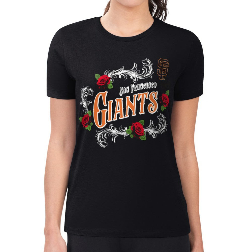 Black San Francisco Giants G-III 4Her by Carl Banks Women's Super-Slim Fit Lightweight Retro Roses T-Shirt