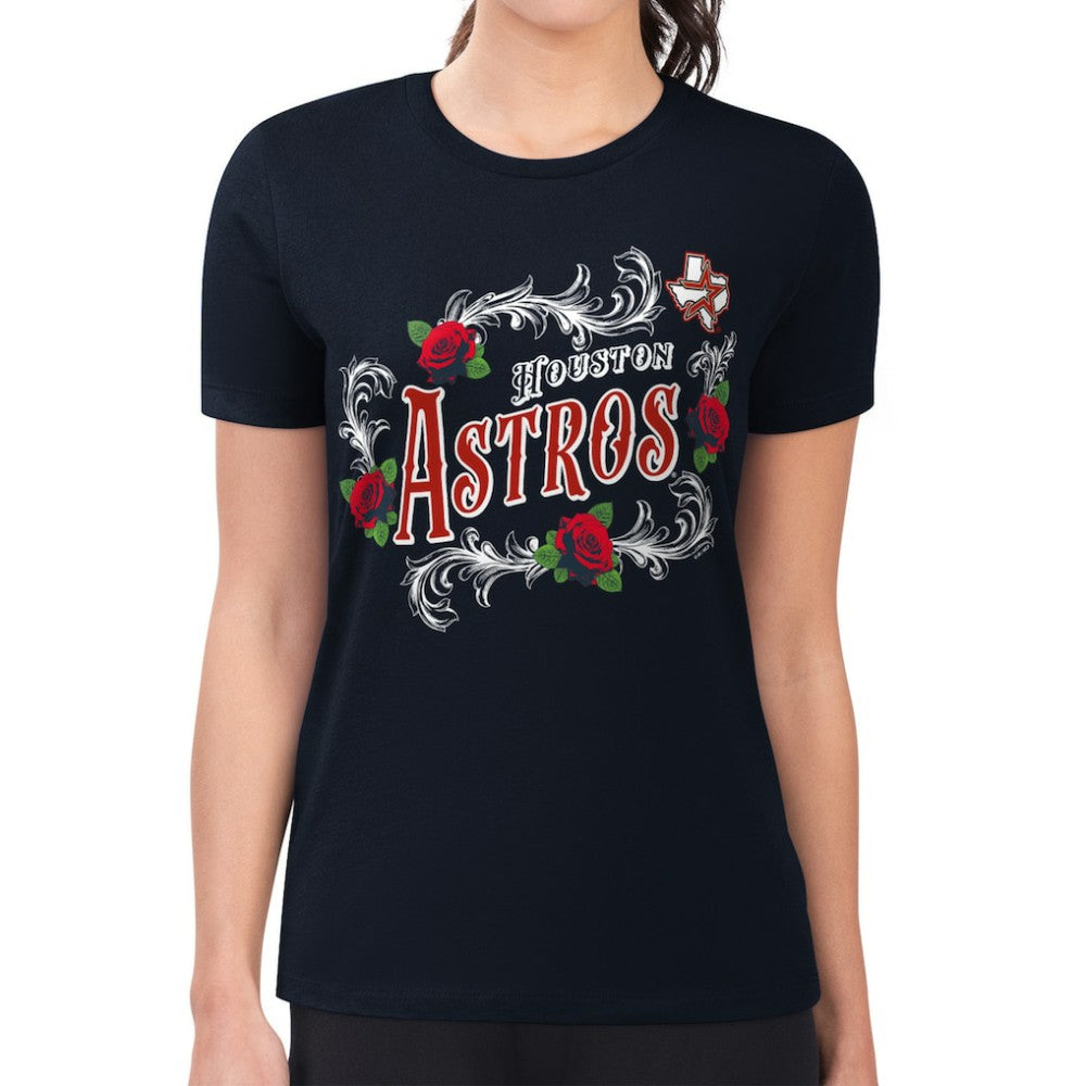 Navy Houston Astros G-III 4Her by Carl Banks Women's Super-Slim Fit Lightweight Retro Roses T-Shirt