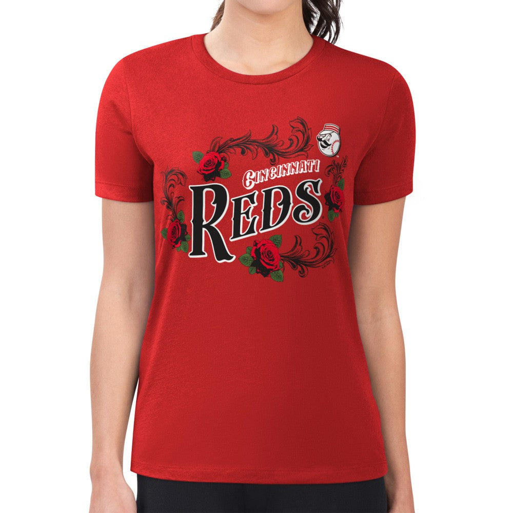 Red Cincinnati Reds G-III 4Her by Carl Banks Women's Super-Slim Fit Lightweight Retro Roses T-Shirt