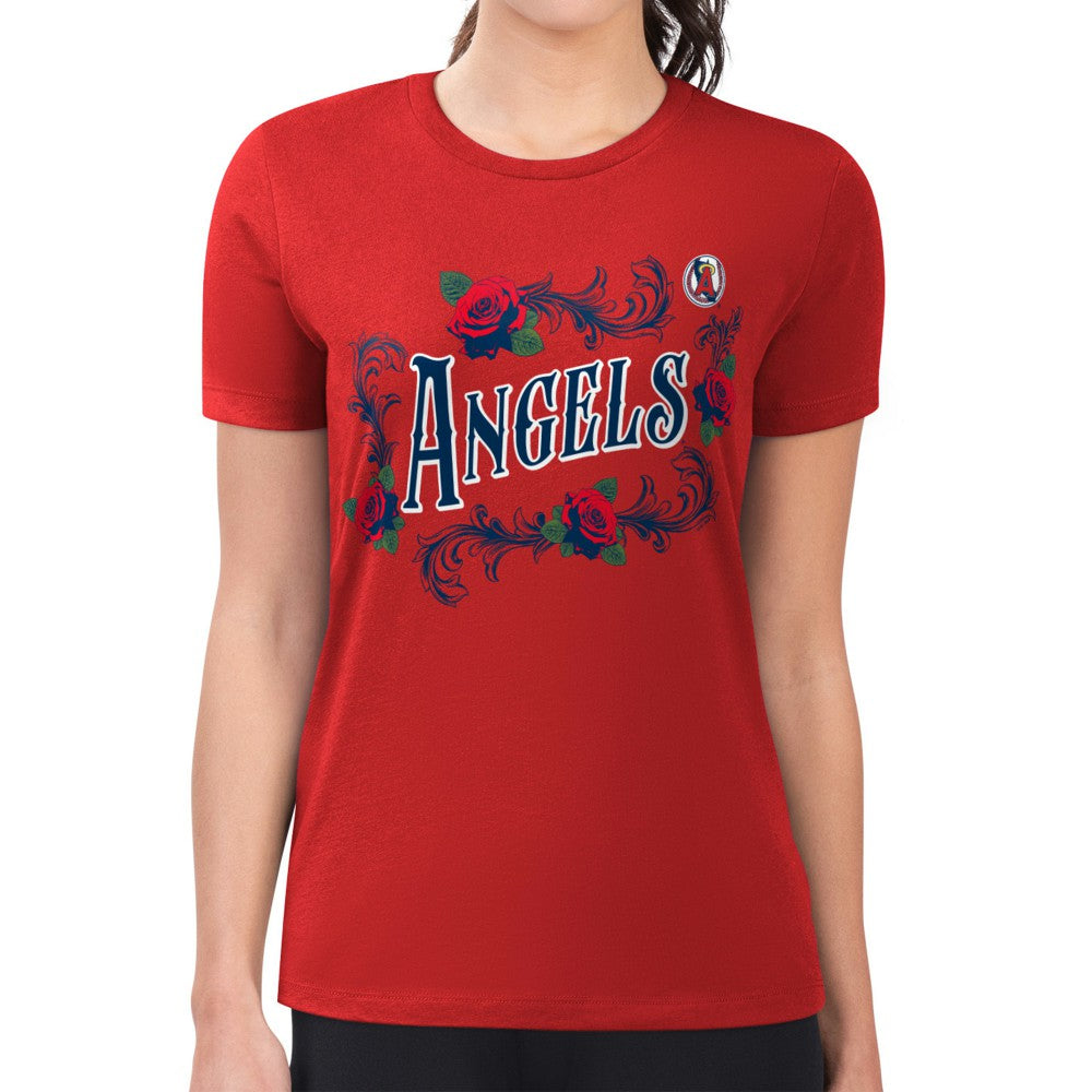Red Los Angeles Angels G-III 4Her by Carl Banks Women's Super-Slim Fit Lightweight Retro Roses T-Shirt