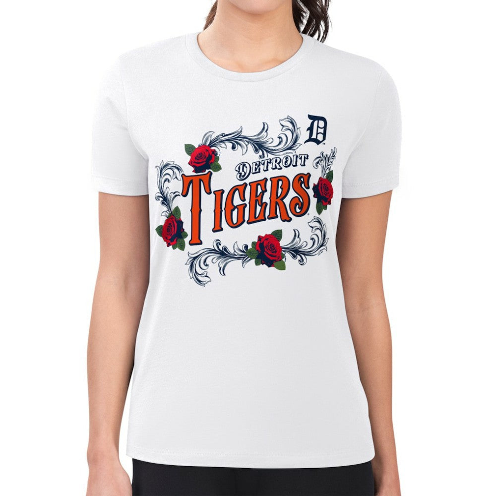 White Detroit Tigers G-III 4Her by Carl Banks Women's Super-Slim Fit Lightweight Retro Roses T-Shirt