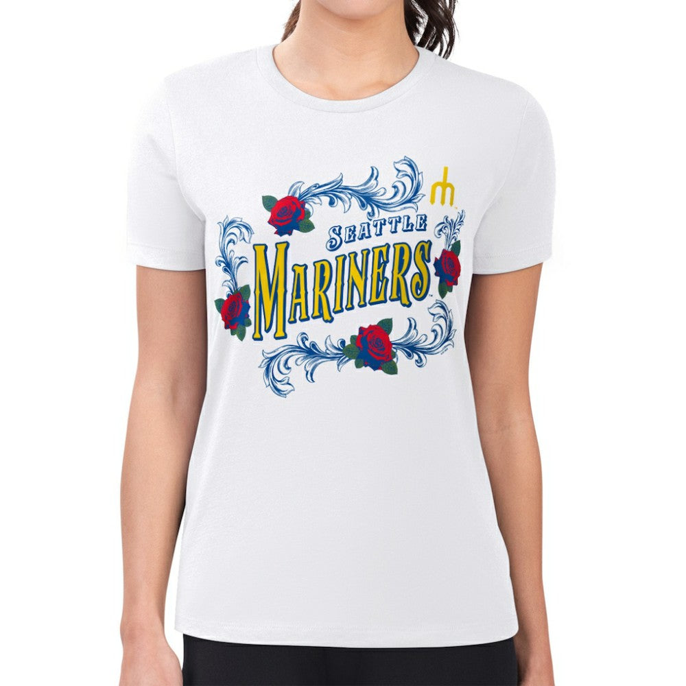 White Seattle Mariners G-III 4Her by Carl Banks Women's Super-Slim Fit Lightweight Retro Roses T-Shirt