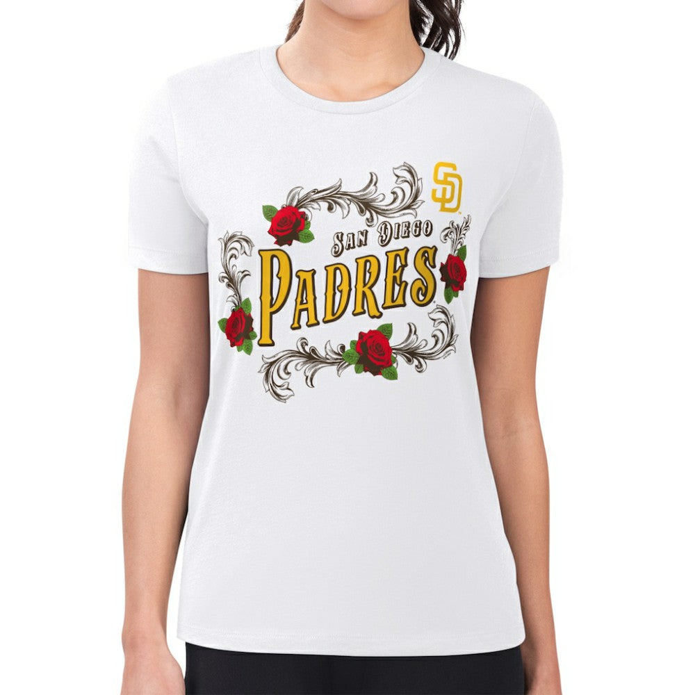 White San Diego Padres G-III 4Her by Carl Banks Women's Super-Slim Fit Lightweight Retro Roses T-Shirt