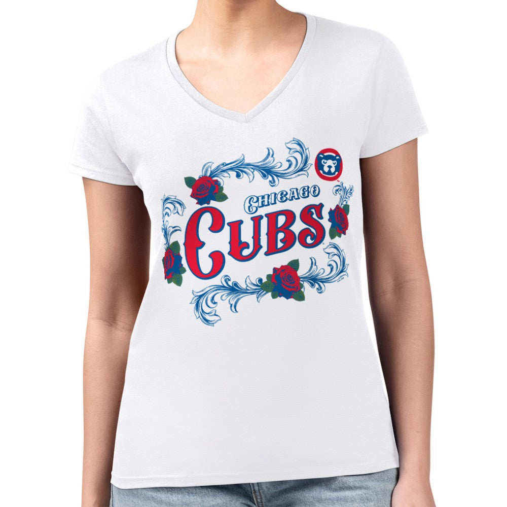 White Chicago Cubs G-III 4Her by Carl Banks Women's Super-Slim Fit Lightweight Retro Roses V-Neck T-Shirt