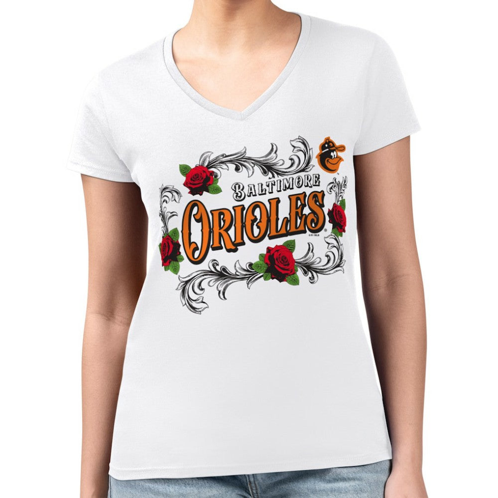 White Baltimore Orioles G-III 4Her by Carl Banks Women's Super-Slim Fit Lightweight Retro Roses V-Neck T-Shirt