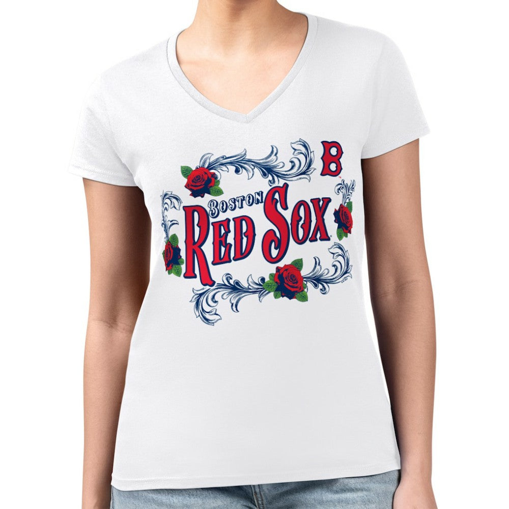 White Boston Red Sox G-III 4Her by Carl Banks Women's Super-Slim Fit Lightweight Retro Roses V-Neck T-Shirt