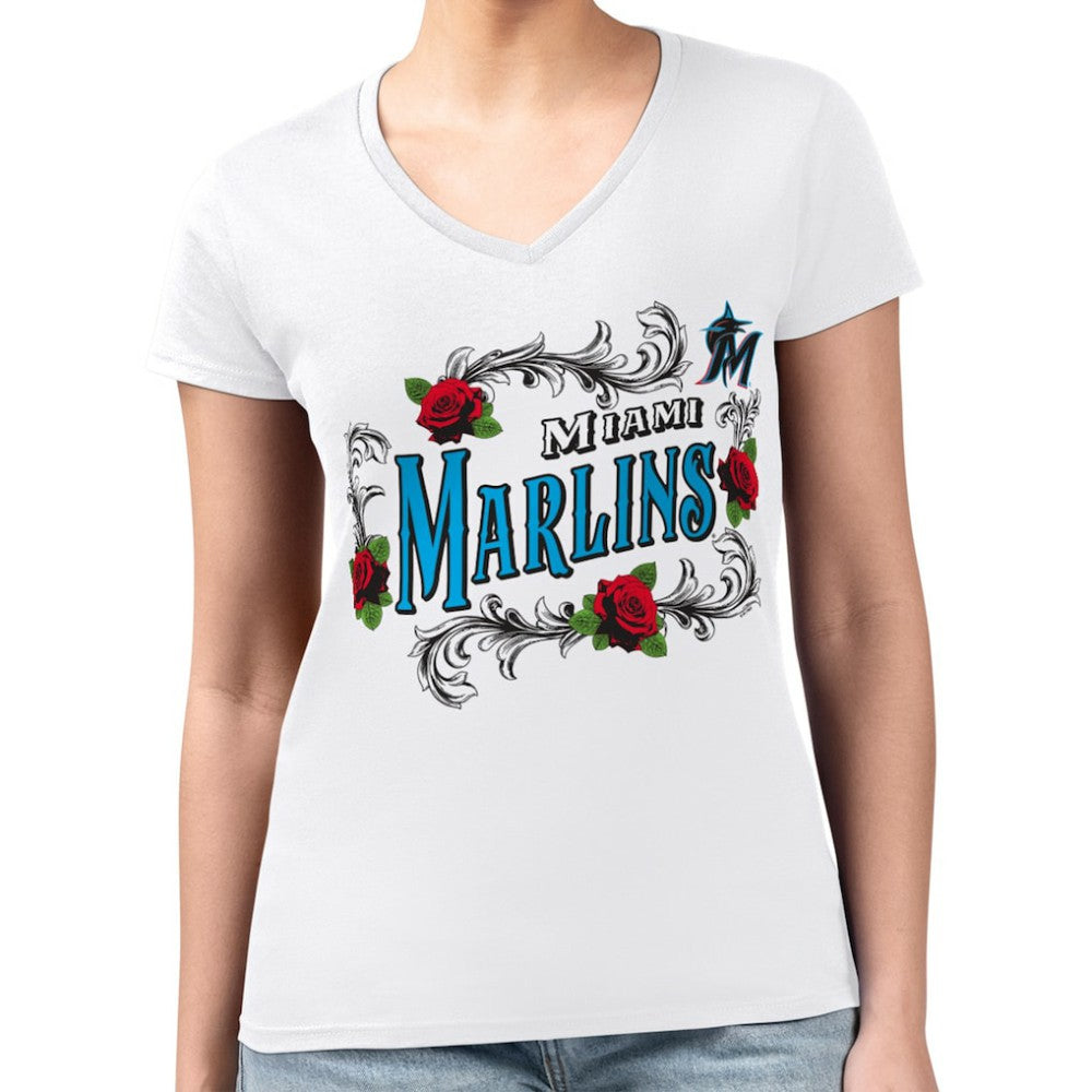 White Miami Marlins G-III 4Her by Carl Banks Women's Super-Slim Fit Lightweight Retro Roses V-Neck T-Shirt