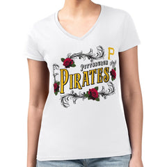 White Pittsburgh Pirates G-III 4Her by Carl Banks Women's Super-Slim Fit Lightweight Retro Roses V-Neck T-Shirt