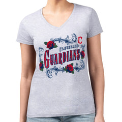 Gray Cleveland Guardians G-III 4Her by Carl Banks Women's Super-Slim Fit Lightweight Retro Roses V-Neck T-Shirt