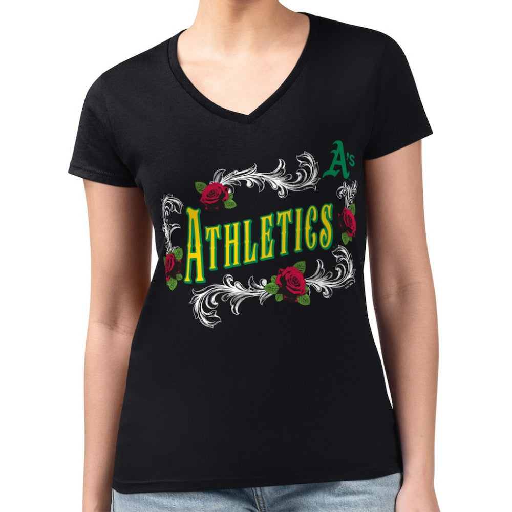 Black Athletics G-III 4Her by Carl Banks Women's Super-Slim Fit Lightweight Retro Roses V-Neck T-Shirt