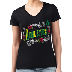 Black Athletics G-III 4Her by Carl Banks Women's Super-Slim Fit Lightweight Retro Roses V-Neck T-Shirt