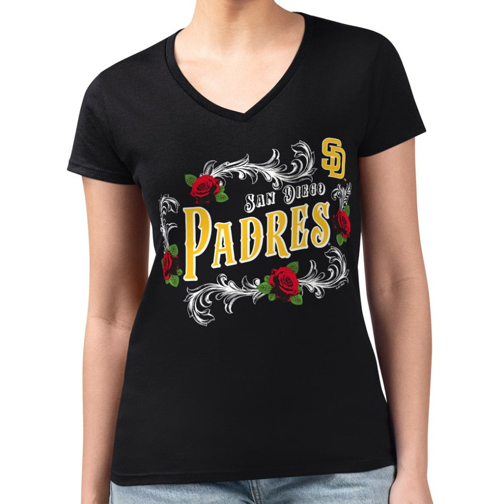 Black San Diego Padres G-III 4Her by Carl Banks Women's Super-Slim Fit Lightweight Retro Roses V-Neck T-Shirt