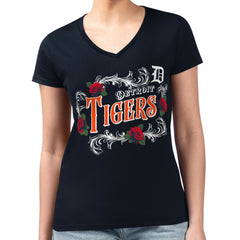 Navy Detroit Tigers G-III 4Her by Carl Banks Women's Super-Slim Fit Lightweight Retro Roses V-Neck T-Shirt
