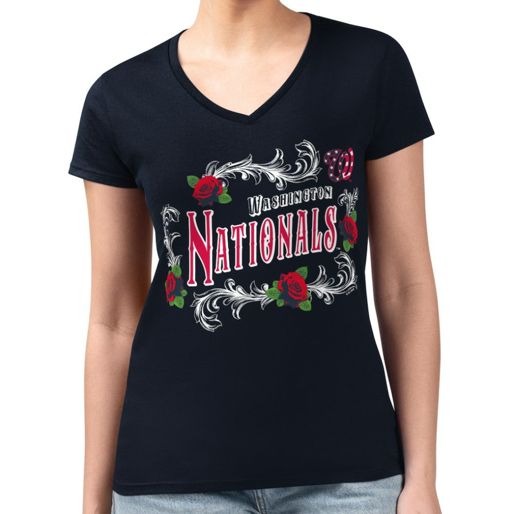 Navy Washington Nationals G-III 4Her by Carl Banks Women's Super-Slim Fit Lightweight Retro Roses V-Neck T-Shirt