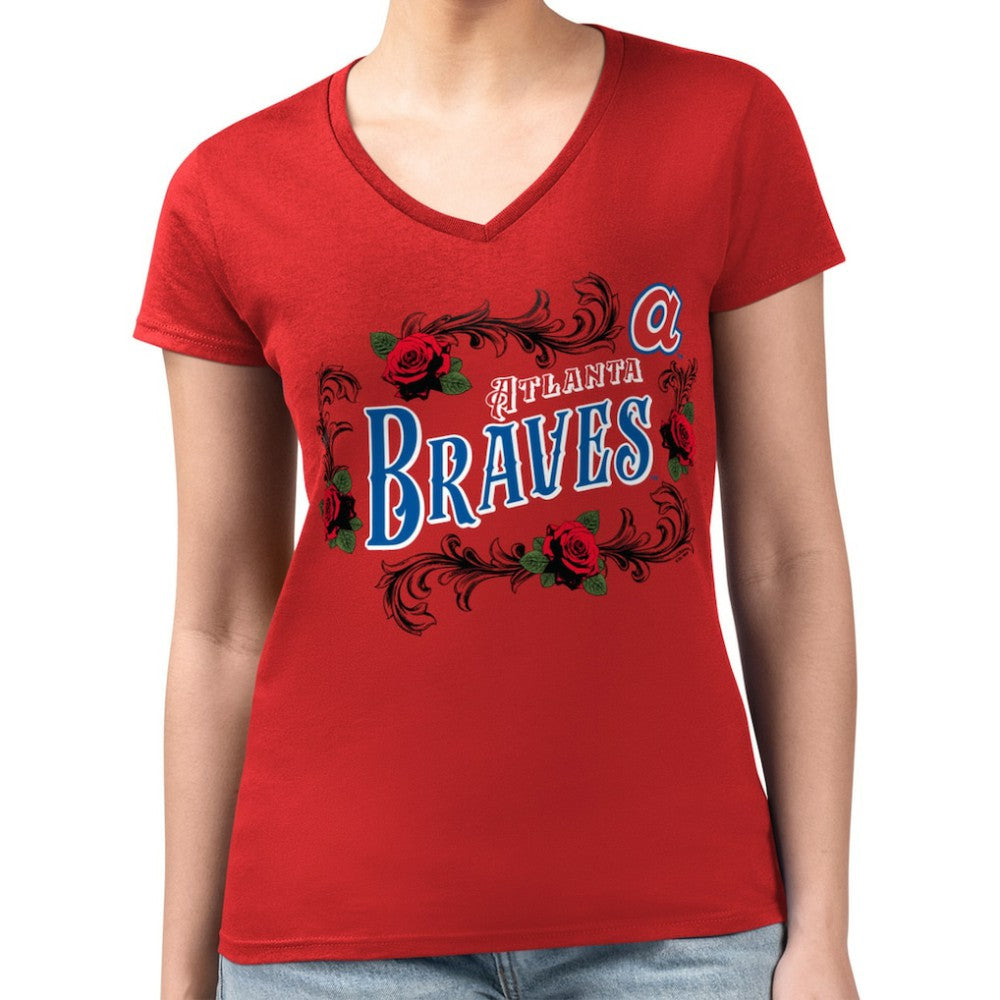 Red Atlanta Braves G-III 4Her by Carl Banks Women's Super-Slim Fit Lightweight Retro Roses V-Neck T-Shirt