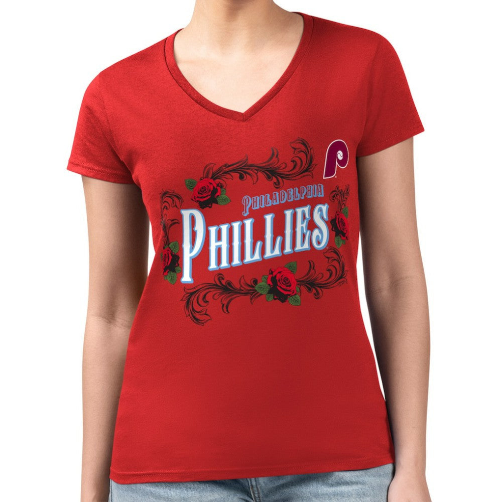 Red Philadelphia Phillies G-III 4Her by Carl Banks Women's Super-Slim Fit Lightweight Retro Roses V-Neck T-Shirt