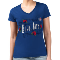 Royal Toronto Blue Jays G-III 4Her by Carl Banks Women's Super-Slim Fit Lightweight Retro Roses V-Neck T-Shirt