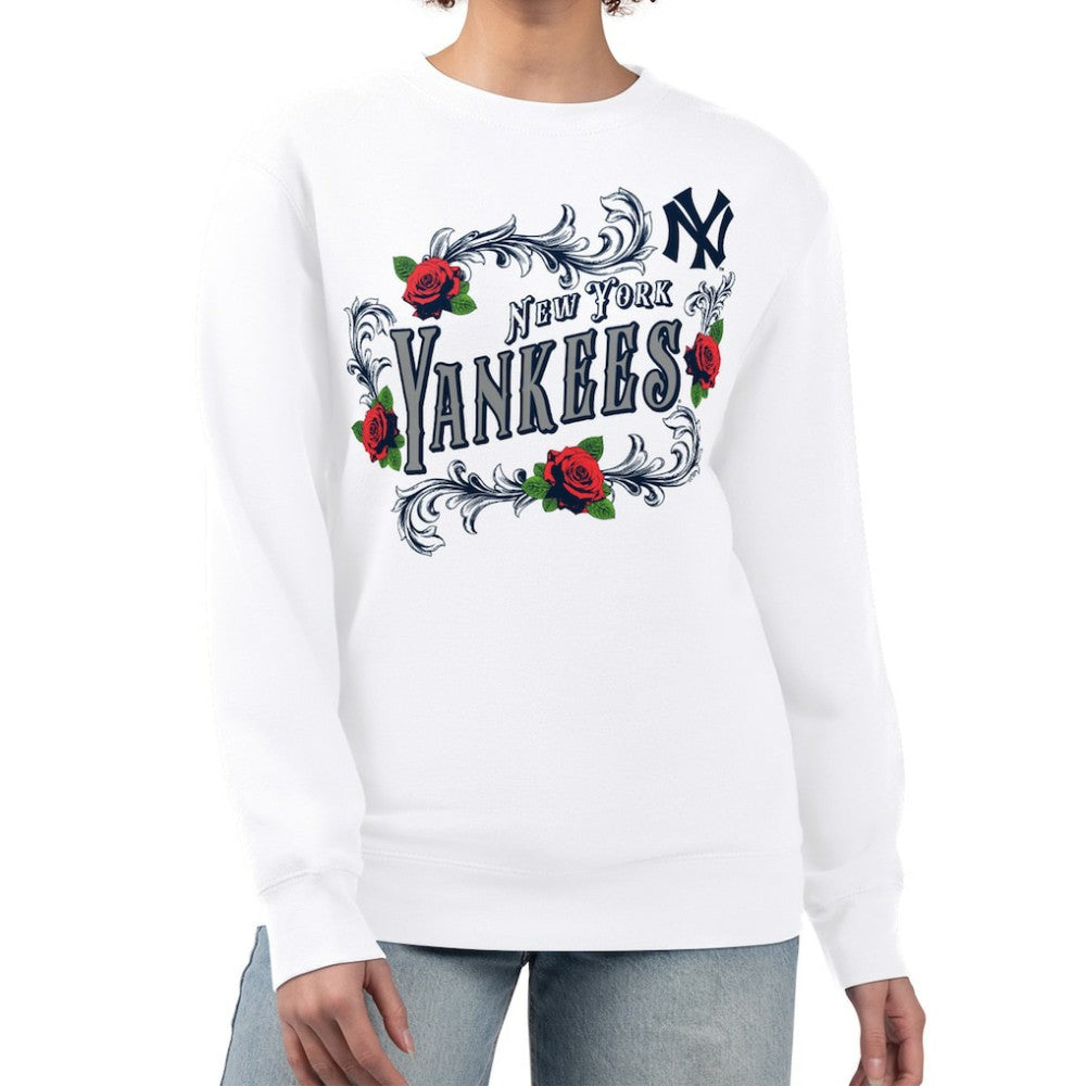 White New York Yankees G-III 4Her by Carl Banks Women's Retro Roses Fleece Pullover Sweatshirt