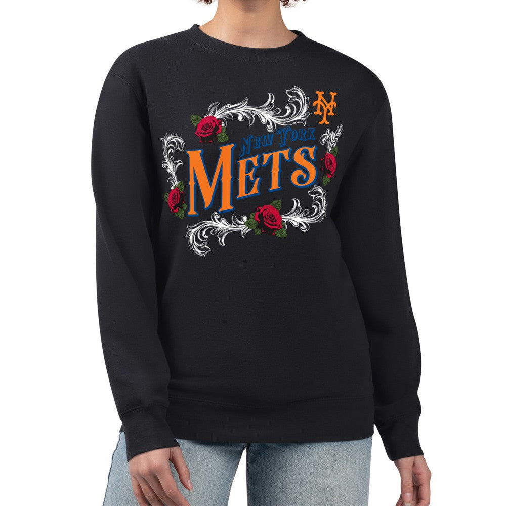 Black New York Mets G-III 4Her by Carl Banks Women's Retro Roses Fleece Pullover Sweatshirt