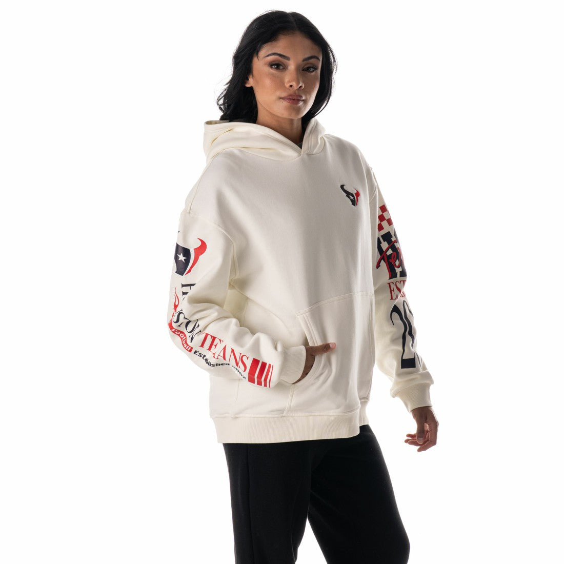 The Wild Collective Unisex Stacked Graphic Sleeve Fleece Hoodie - Houston Texans Hoodies