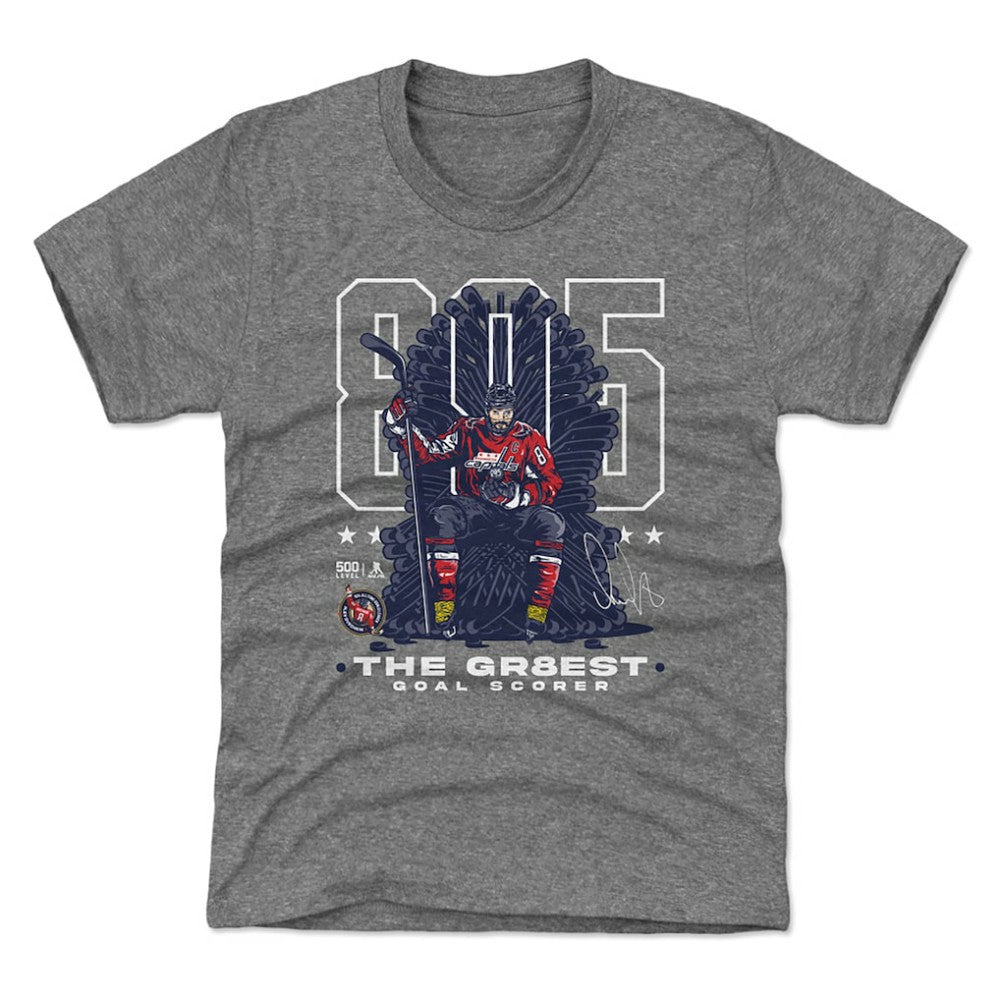 NHL Alexander Ovechkin Washington Capitals 500 Level Youth NHL All-Time Leading Goal Scorer Throne T-Shirt
