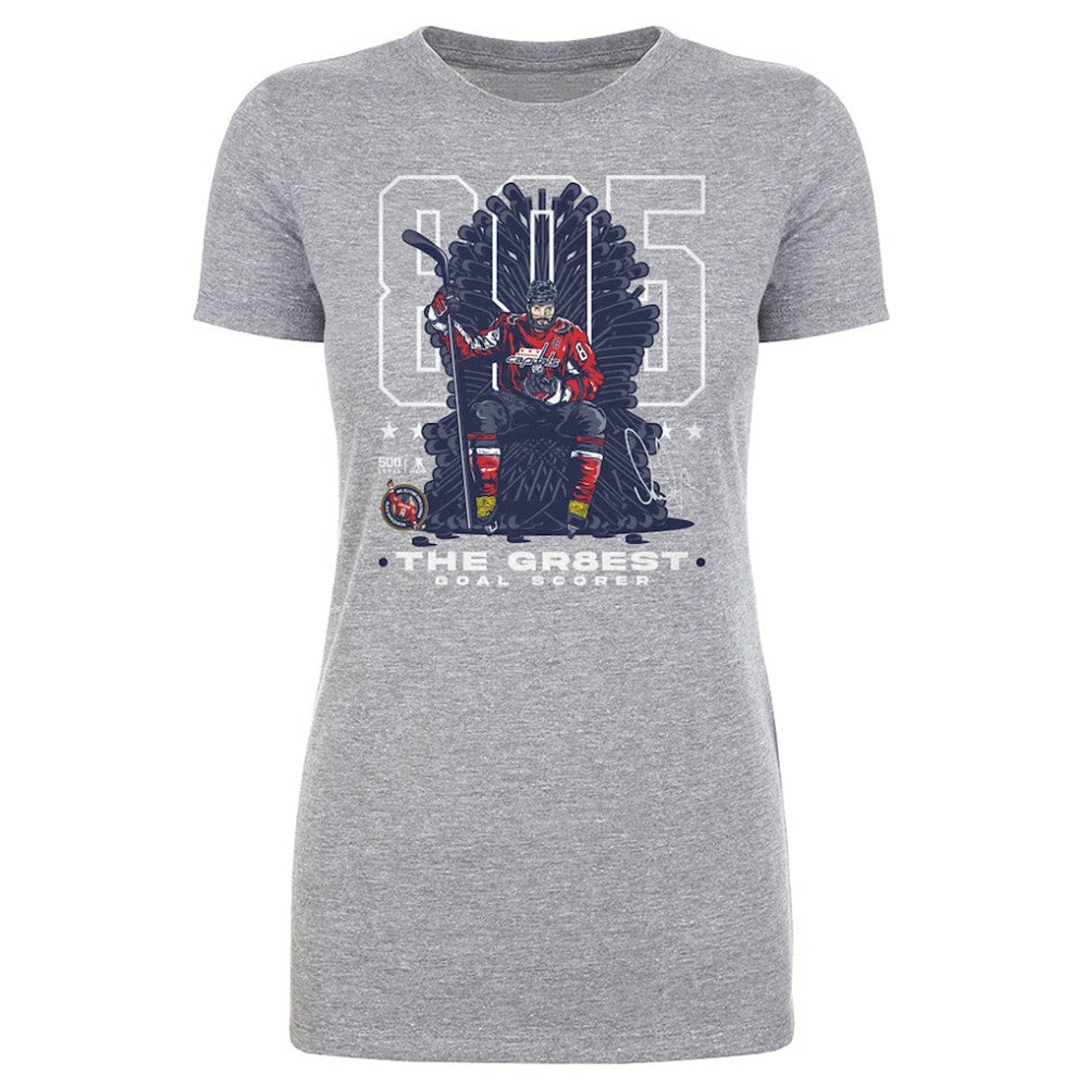 NHL Alexander Ovechkin Washington Capitals 500 Level Women's NHL All-Time Leading Goal Scorer Throne T-Shirt