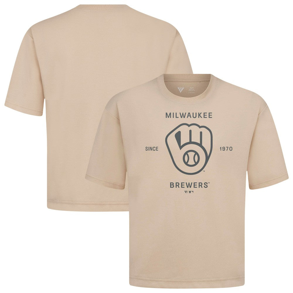 Khaki Milwaukee Brewers Levelwear Crossway Oversized Luxe Signature Knit T-Shirt