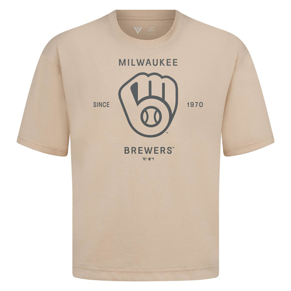Khaki Milwaukee Brewers Levelwear Crossway Oversized Luxe Signature Knit T-Shirt
