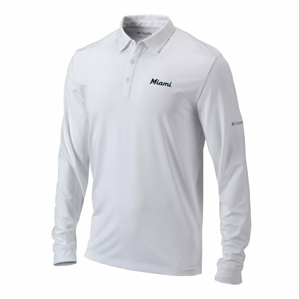 White Miami Marlins Columbia Omni-Wick Pin High Long Sleeve Polo